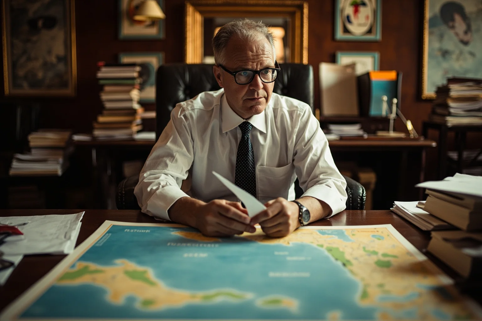 Scottish con man at a desk with maps of fictional Central American territory, collecting money from investors