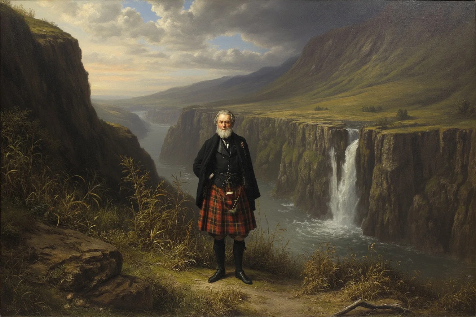 Scottish immigrant naturalist in 19th century clothing standing in a dramatic mountain landscape with cliffs and waterfalls