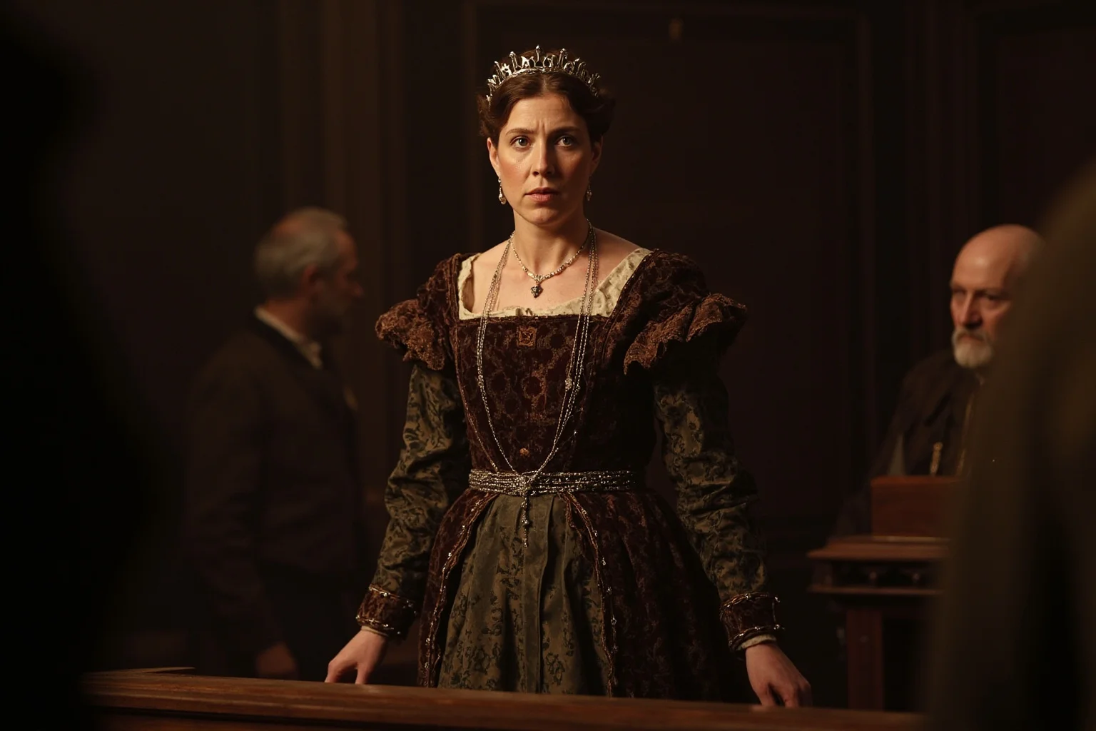 The Most Shameless Traitors of All Time 22 Scottish queen in Renaissance dress standing at trial in an English court setting, historical judgment scene with period accuracy