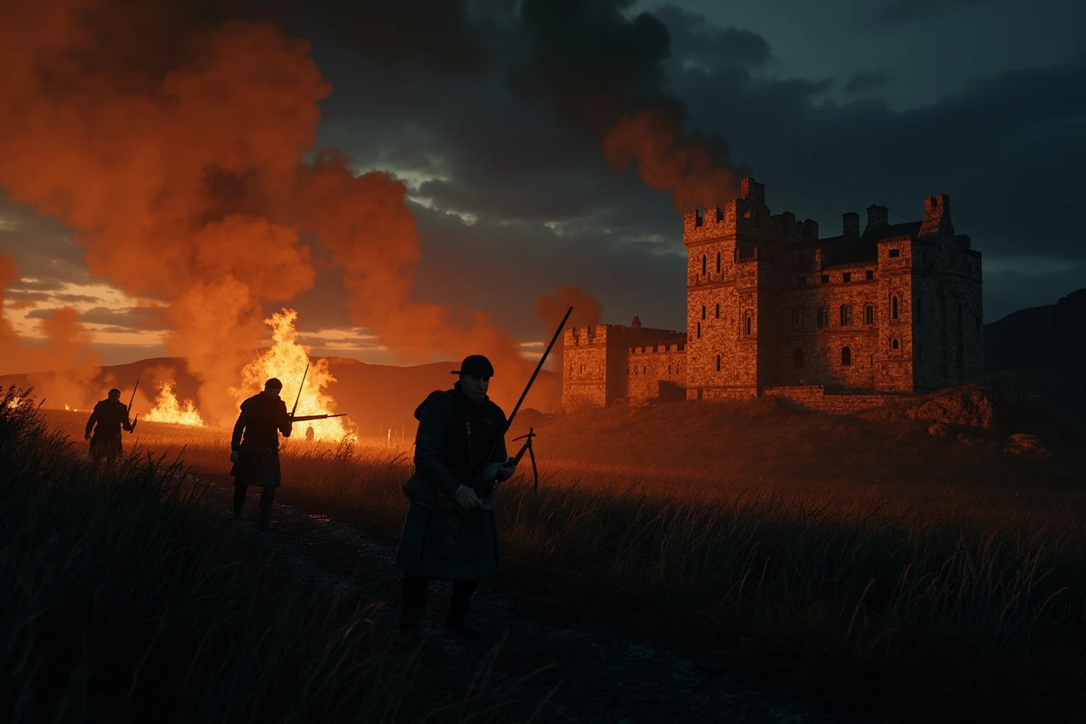The Real Braveheart: The Story of How Robert the Bruce Freed Scotland 10 Scottish rebel fighters moving stealthily at night near a torched castle in the countryside