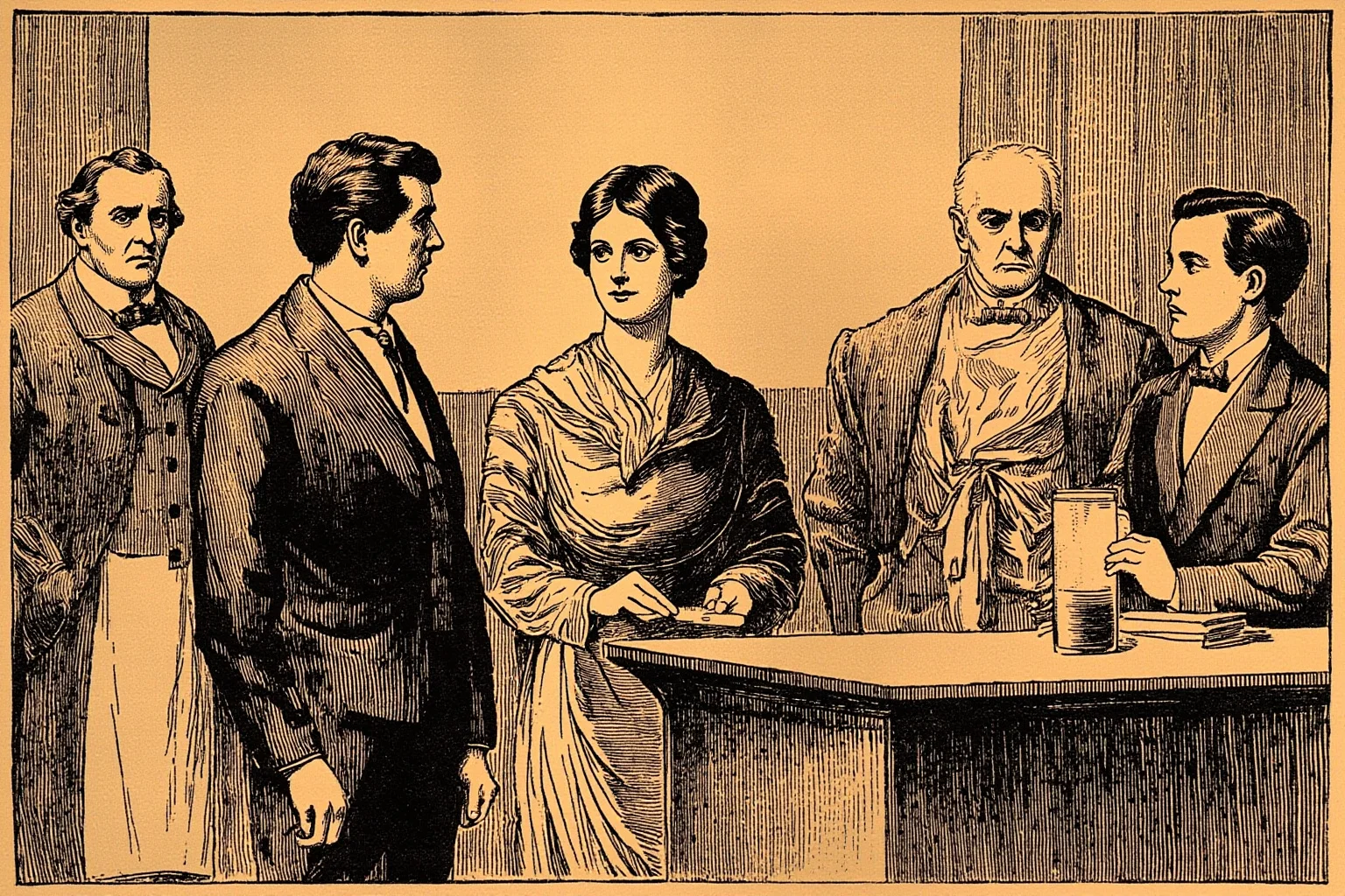 How an All-Female Gang Changed the Face of Crime in 19th Century London 8 Sepia-toned courtroom illustration from the 1890s with a female defendant and Victorian officials