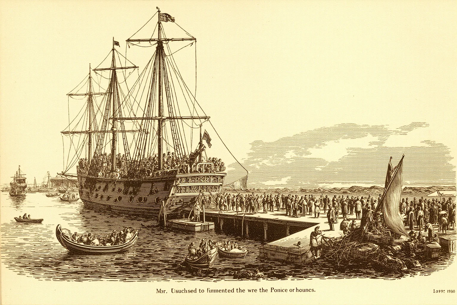 Sepia-toned illustration of a 19th-century sailing ship crowded with passengers arriving at a colonial dock