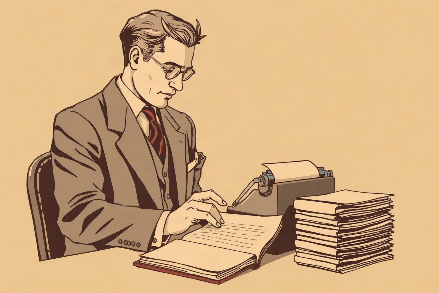 Sepia-toned illustration of a sharply dressed 1920s American novelist at a typewriter beside a stack of manuscript pages