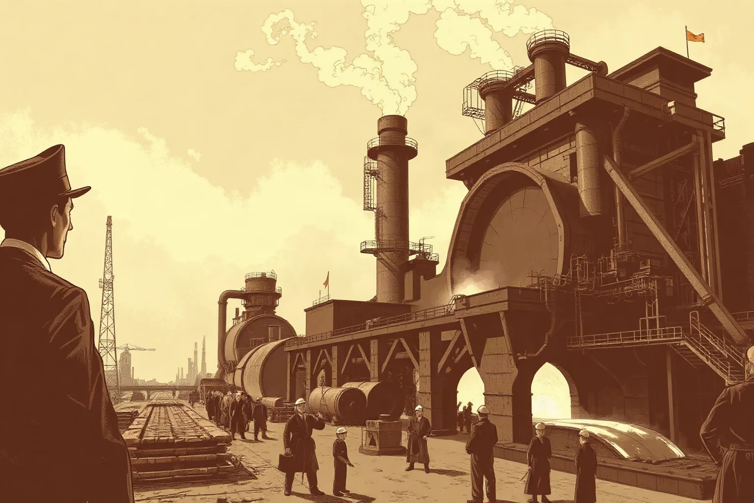 Sepia-toned illustration of a steel industrialist overseeing a massive steel mill with workers and molten metal