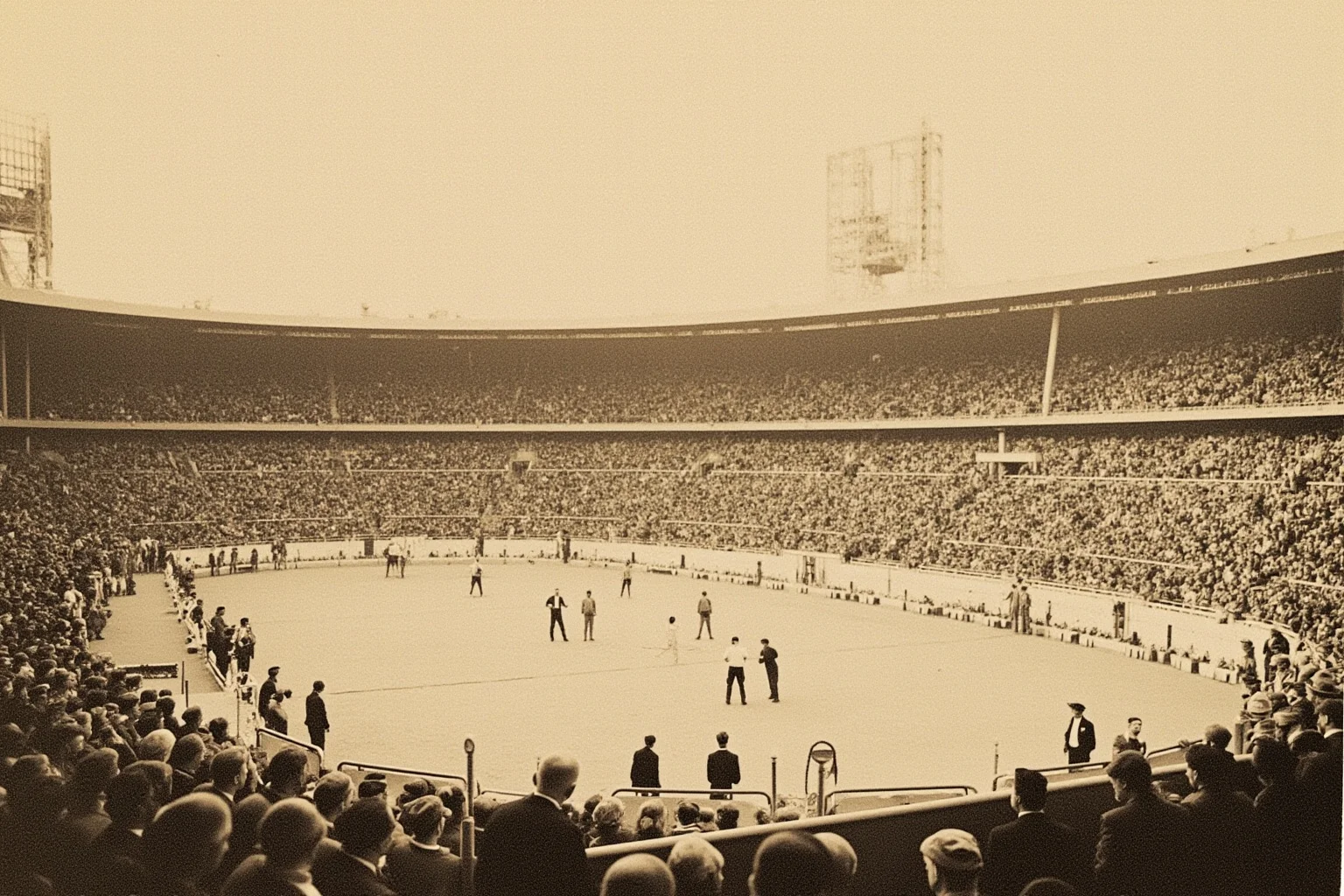 Tug of War Was Once an Olympic Sport—Here's Why It Got Removed 3 Sepia-toned illustration of an early 1900s Olympic stadium with a crowd watching a tug of war match