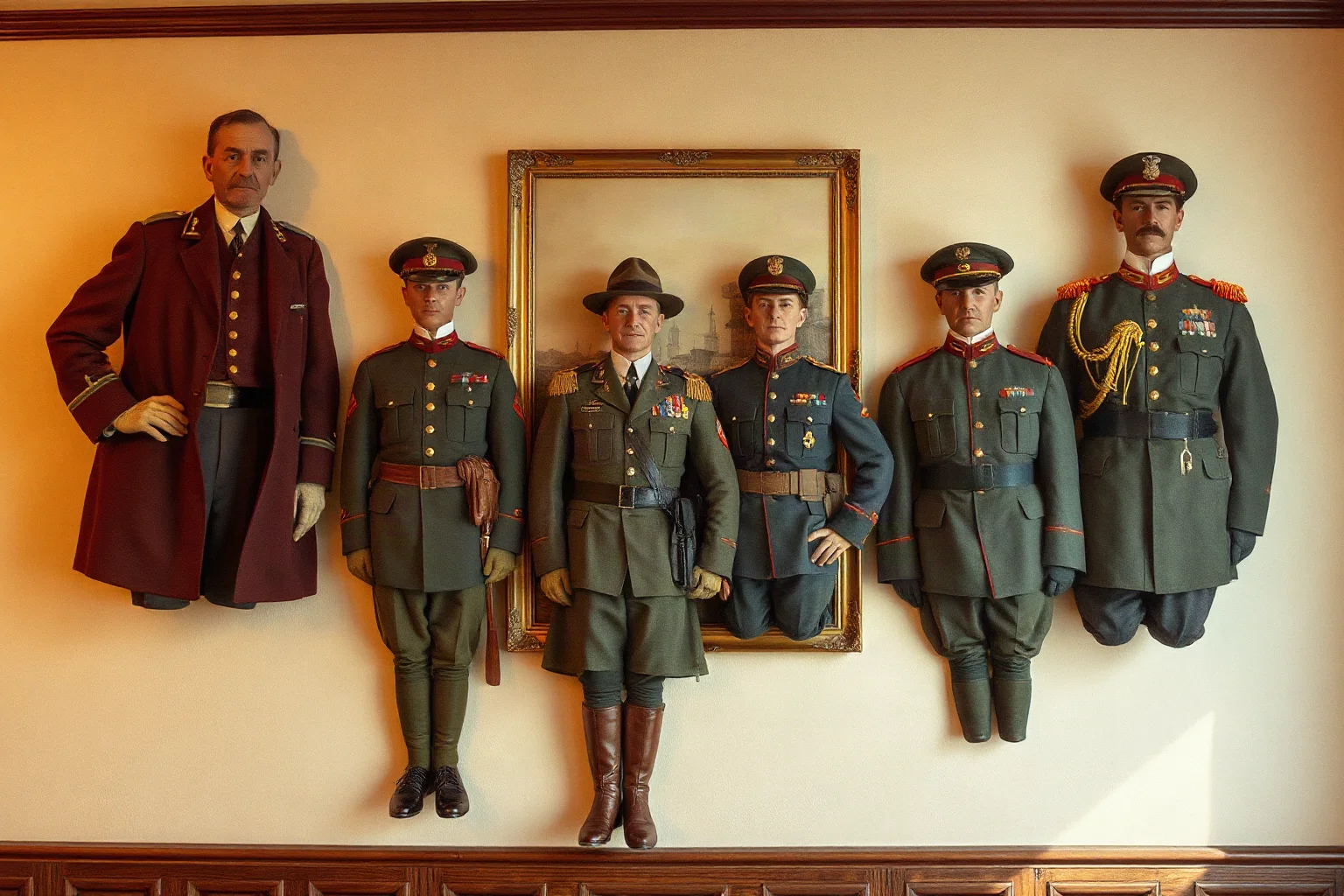 Sepia-toned illustration of an old family portrait with military uniforms from different historical eras hanging on a wall