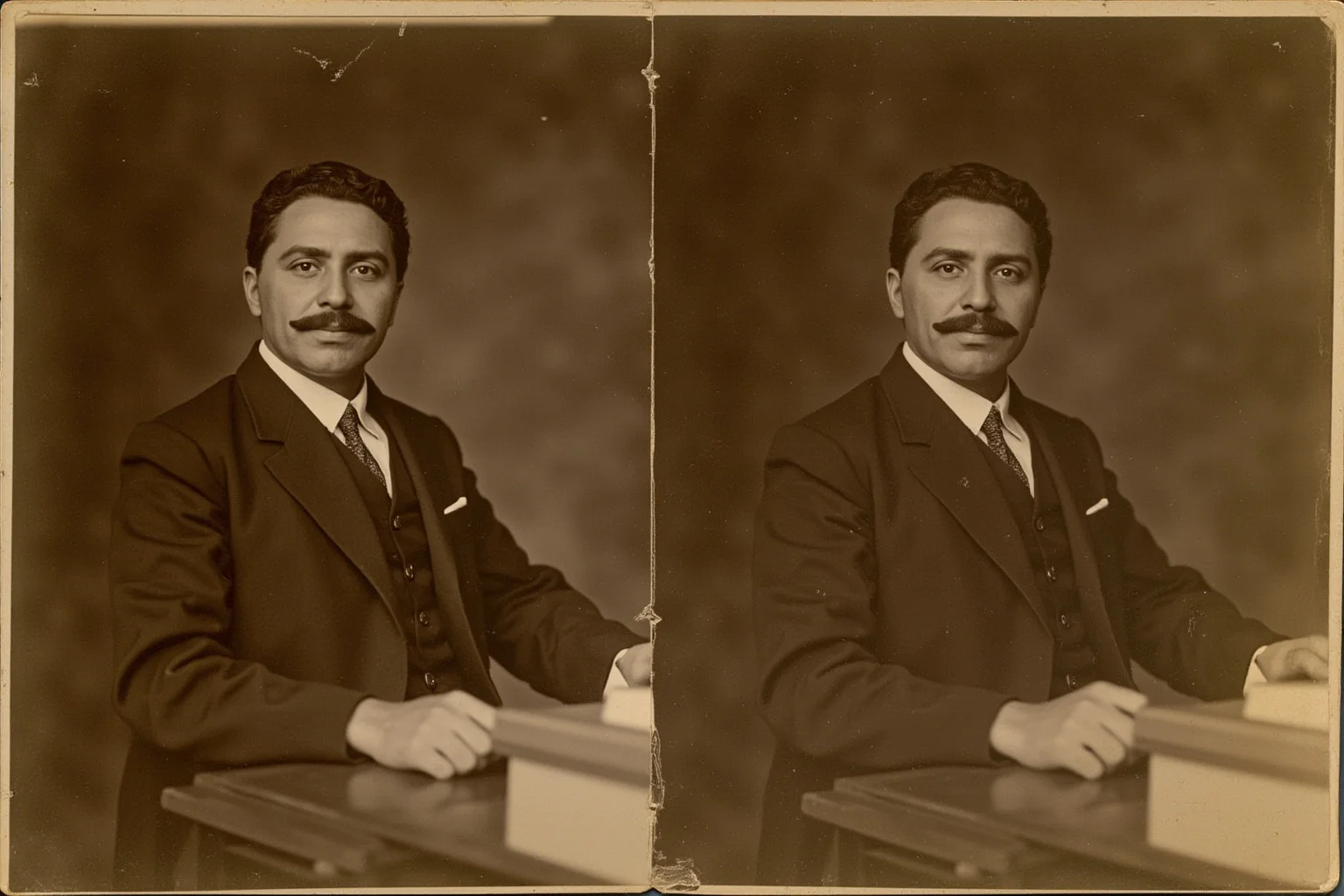 Proof of Time Travel? 20 Famous Photos, Notes, and Stories Fact-Checked 4 Sepia-toned Victorian-era stereoscope photograph of a man in a suit seated at a wooden writing desk with a flat lid