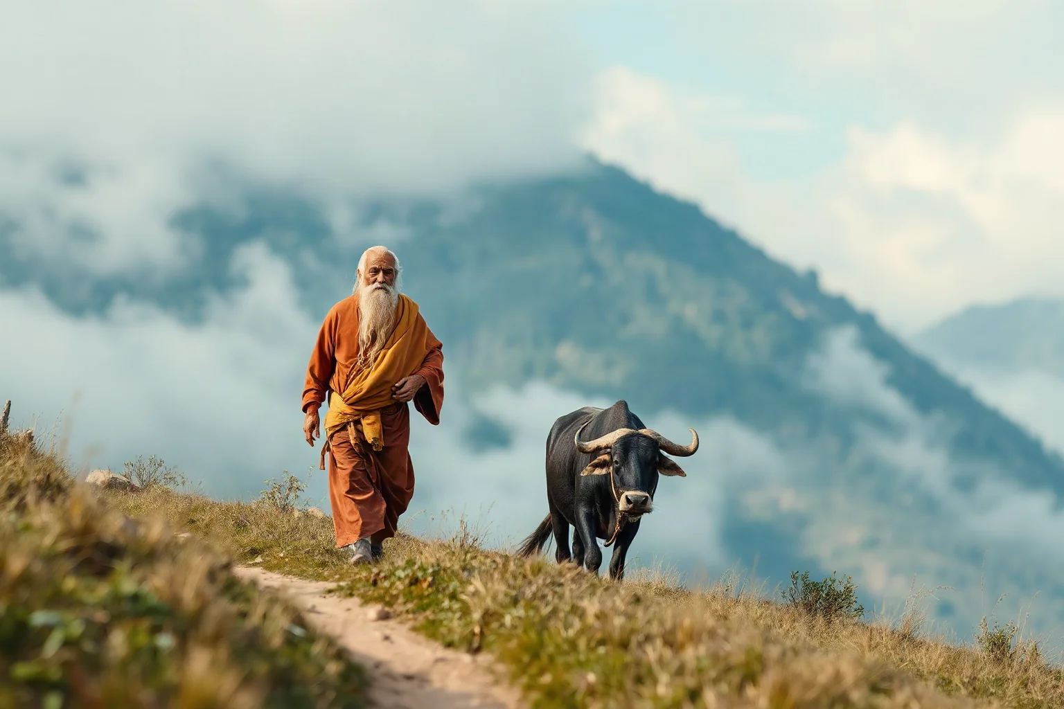 Serene elderly philosopher in flowing robes walking through misty mountains with a water buffalo