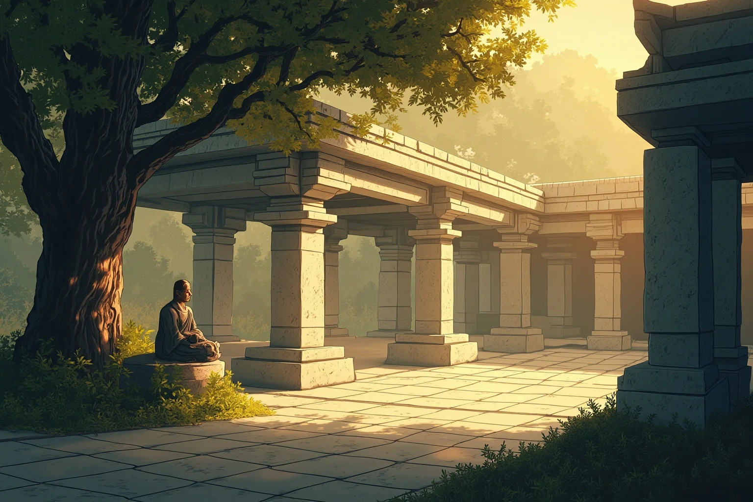 Serene illustration of an ancient stone temple courtyard with a meditating figure under a tree, soft dawn light