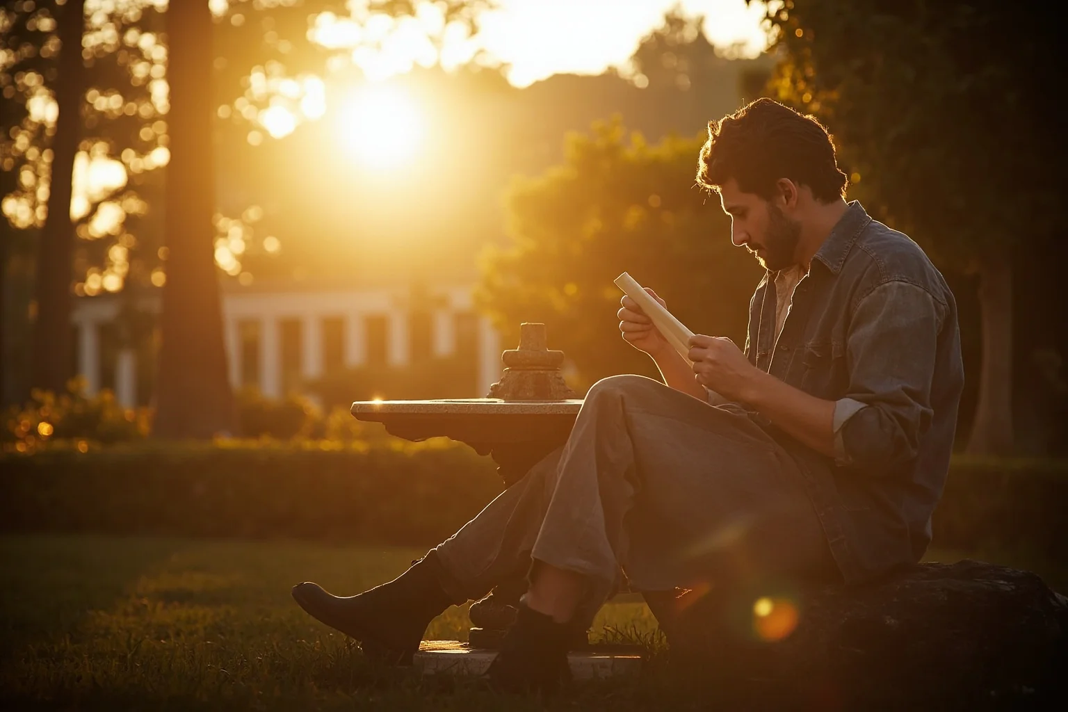 Serene Roman garden at sunset with a young man reading a scroll beside a sundial, warm golden light