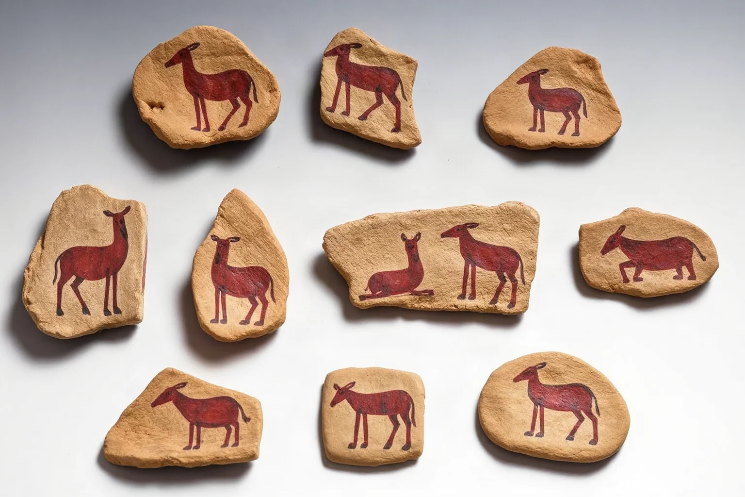 Seven small portable stone plaques with painted animal figures in red and brown pigment, Namibian rock shelter artifacts