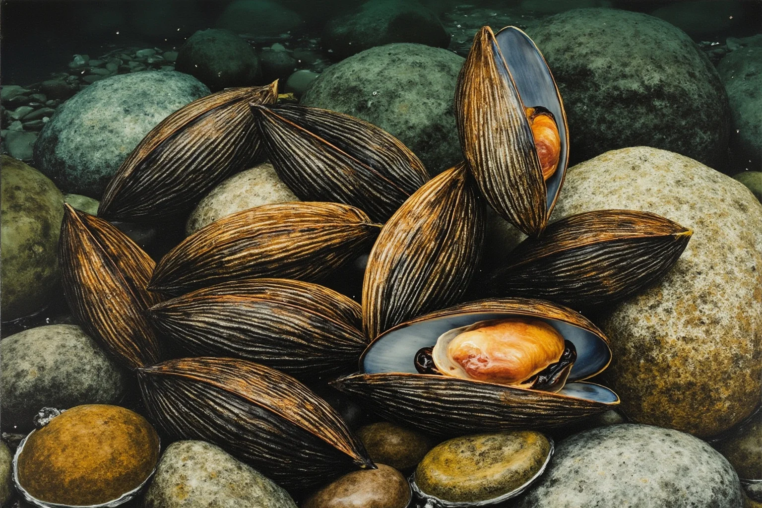 Recently Extinct Animals: A Complete List From the Last 10–20 Years 20 Several freshwater mussels with textured shells nestled among river stones underwater, illustrative wildlife art style