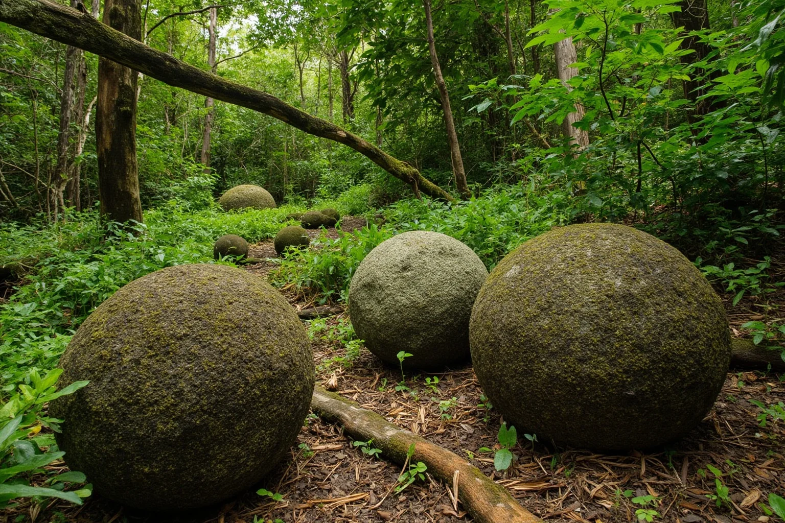 Several nearly perfect stone spheres resting in a lush Costa Rican jungle clearing