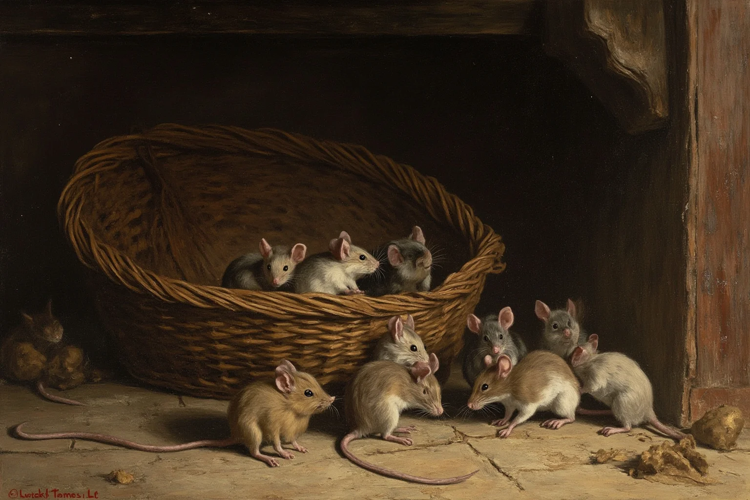 Familiars: The Long, Strange History of the Witch's Animal Companion 10 Several small mice and rats gathered near a woven basket in a dim historical kitchen, illustration