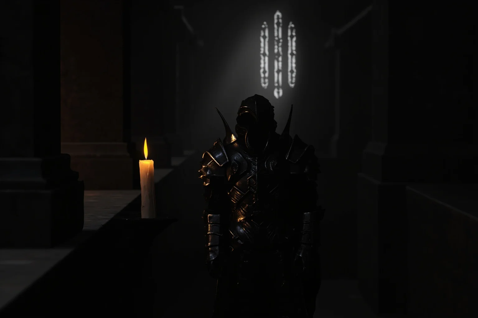 22 Most Notorious Knights From History: Heroes, Villains, and Legends 18 Shadowy armored knight standing alone in a dark castle hallway, ominous candle lighting