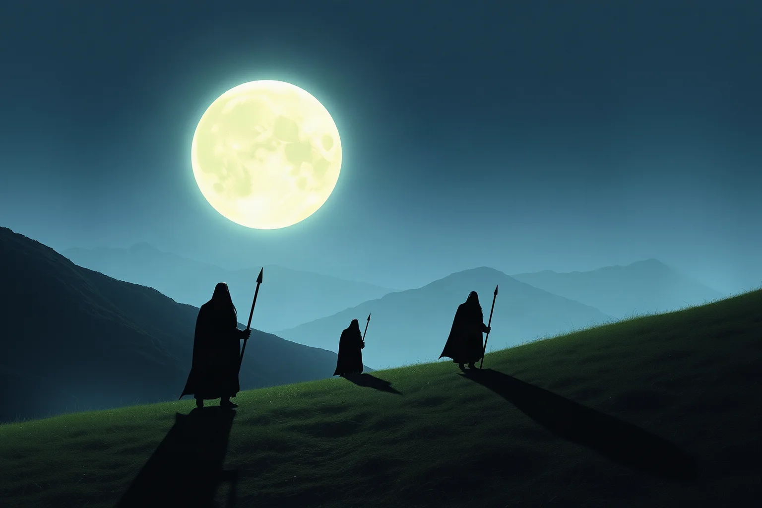 Shadowy figures moving quietly through moonlit hills, representing the secretive Krypteia