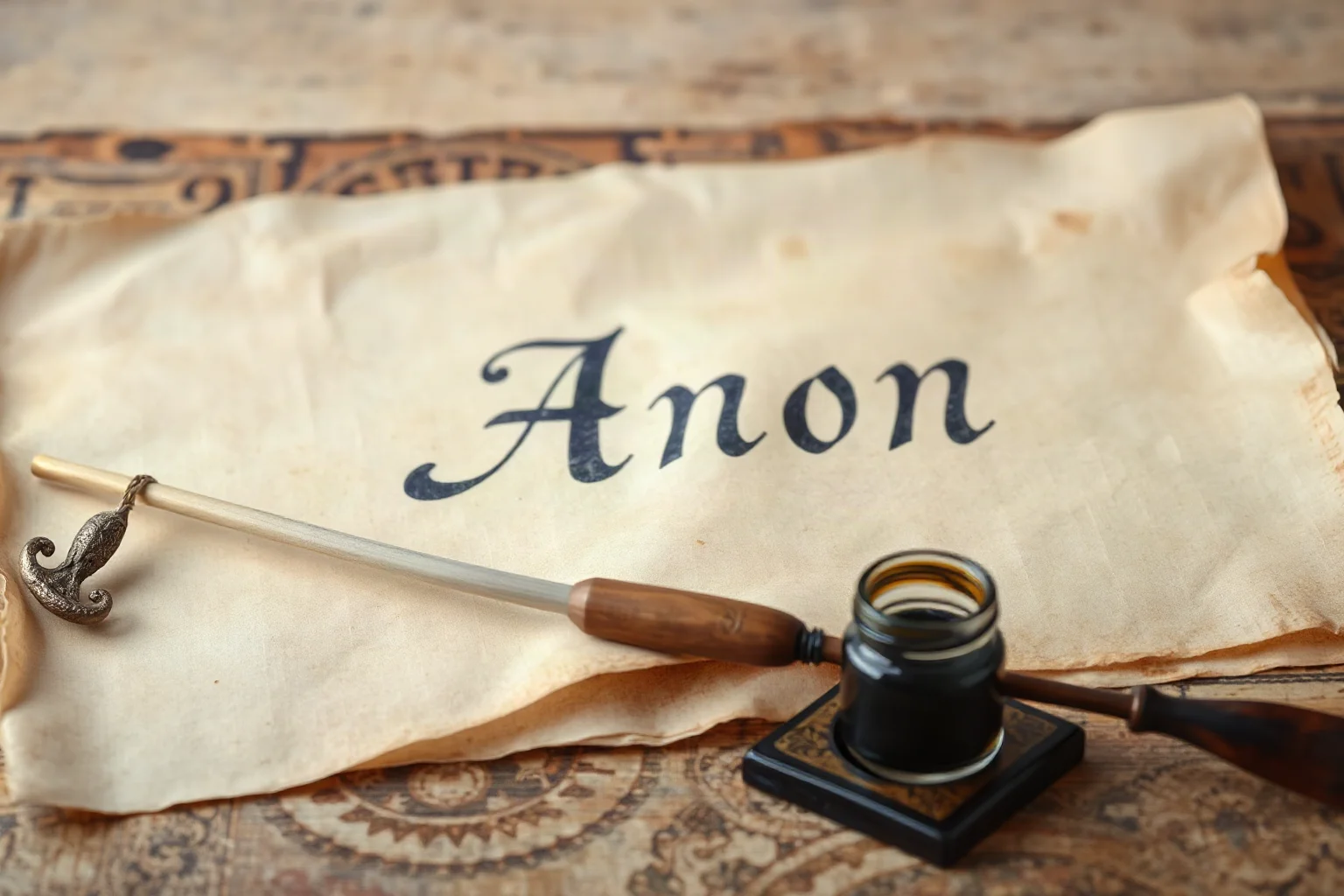 An old parchment scroll with the elegant handwritten word 'Anon' and a quill pen resting beside an inkwell