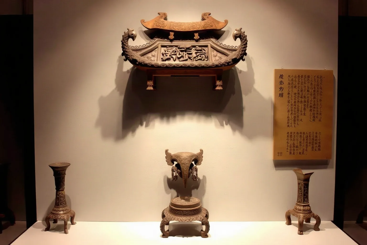 Shang dynasty oracle bones and ancestral shrine, ancient Chinese bronze-age aesthetic
