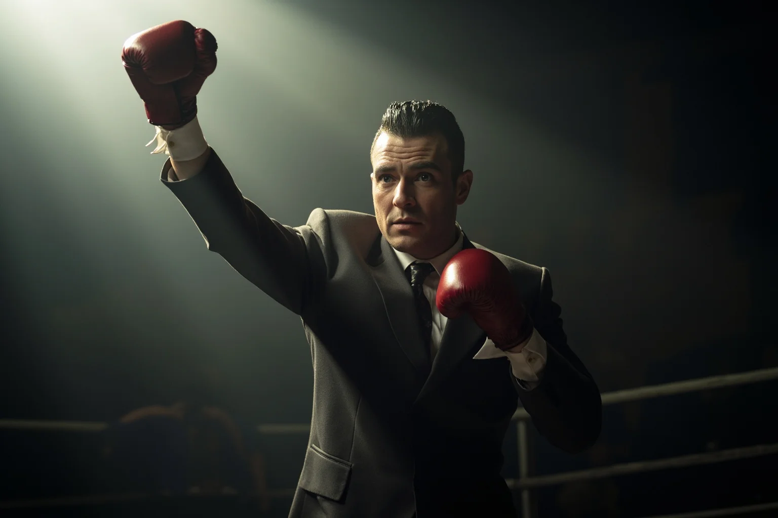 Sharp-dressed mid-20th-century boxer with gloves raised, spotlighted in a smoky arena