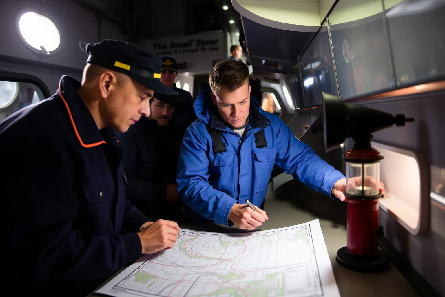 Ship's crew in uniform studying a lifeboat assignment chart by lantern light