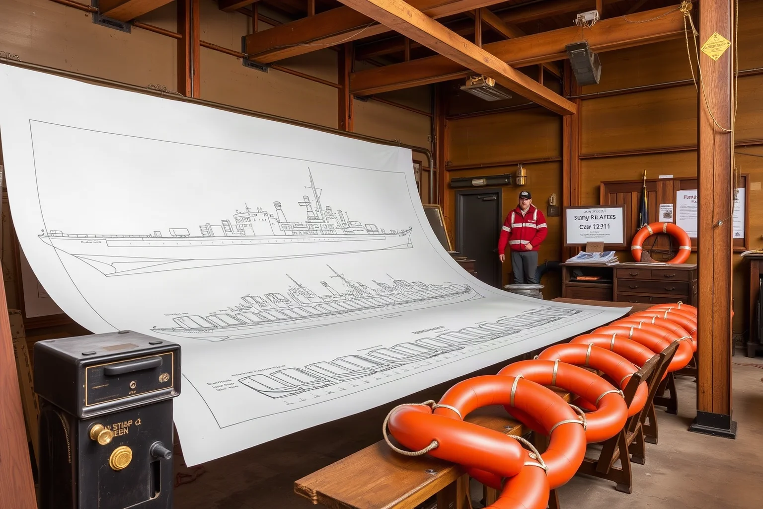 Shipyard drafting room with blueprints showing a proposed higher number of lifeboats along a ship's deck