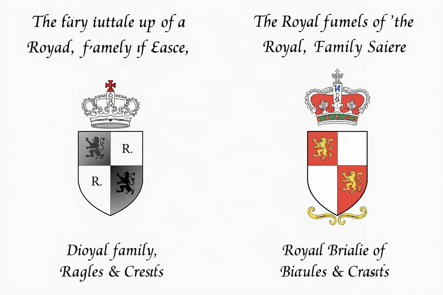 Side-by-side illustrated crest comparison showing two slightly different spellings of a royal family name