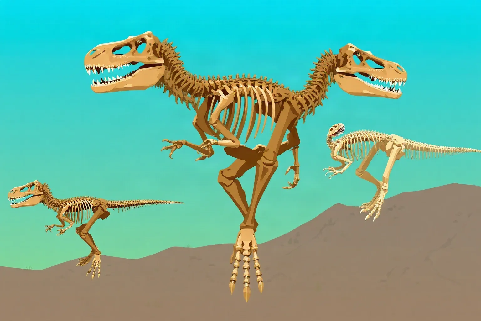 Side-by-side illustration comparing a small juvenile tyrannosaur skeleton with an adult T. rex skeleton