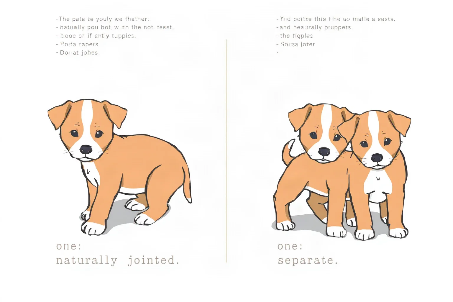 Side-by-side illustration comparing two puppies, one naturally joined and one separate, in a simple diagram style