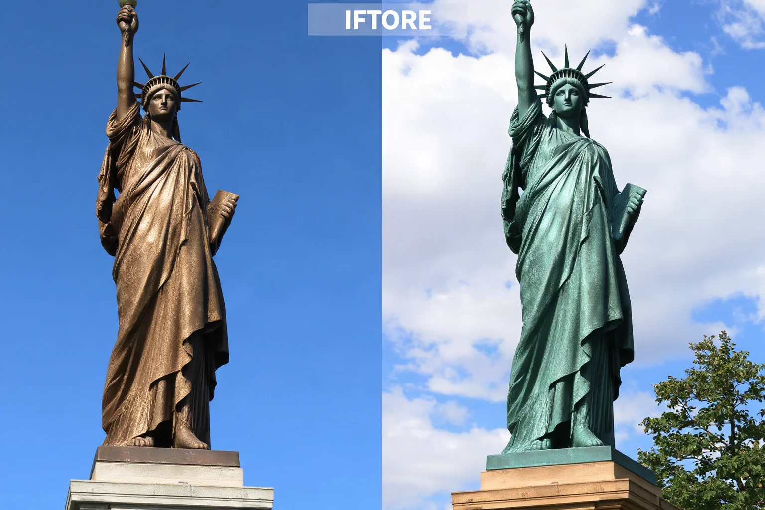 Side-by-side illustration of a shiny brown copper statue transforming into a green weathered statue over time