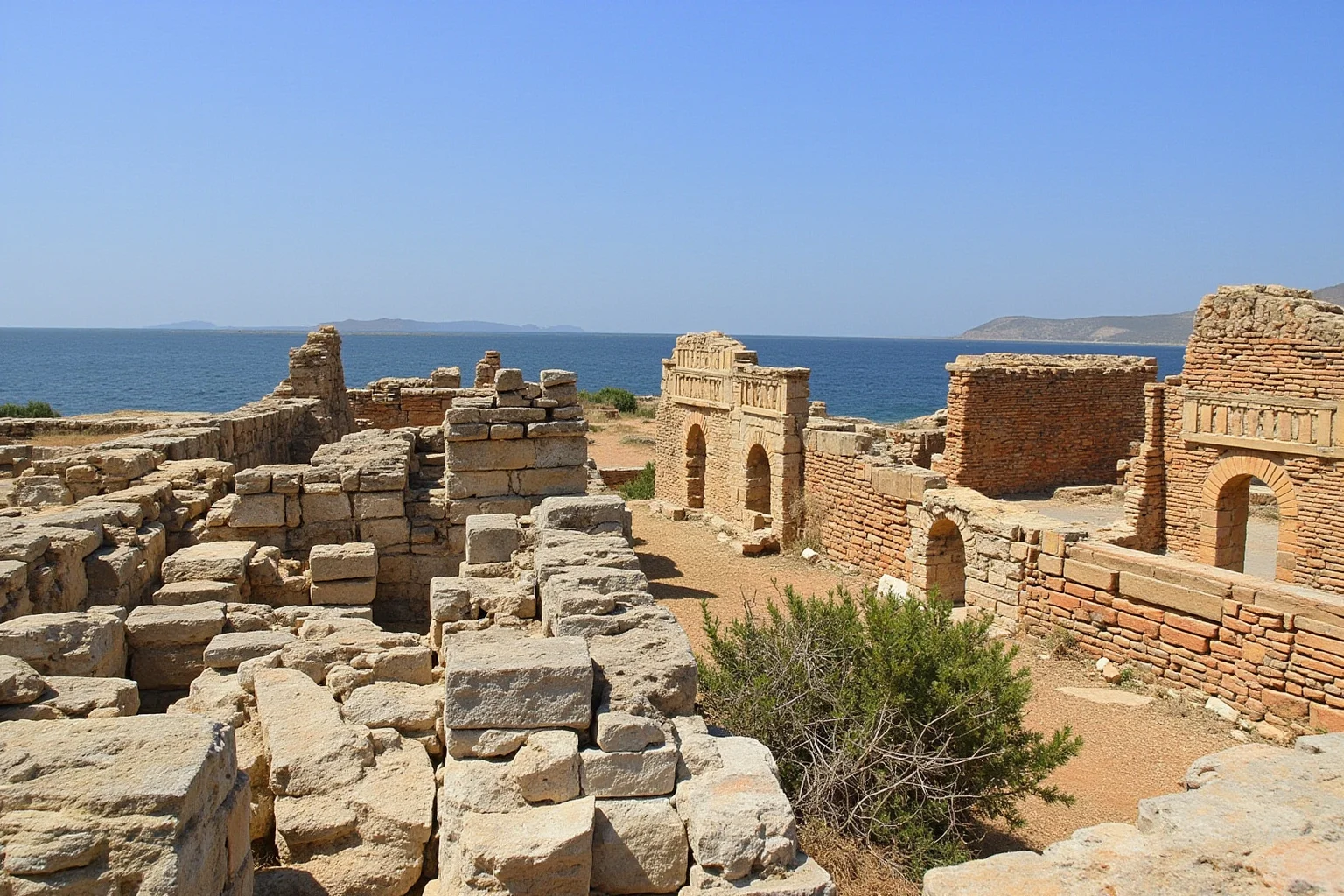 Side-by-side ruins of two different ancient coastal towns showing varying levels of preservation