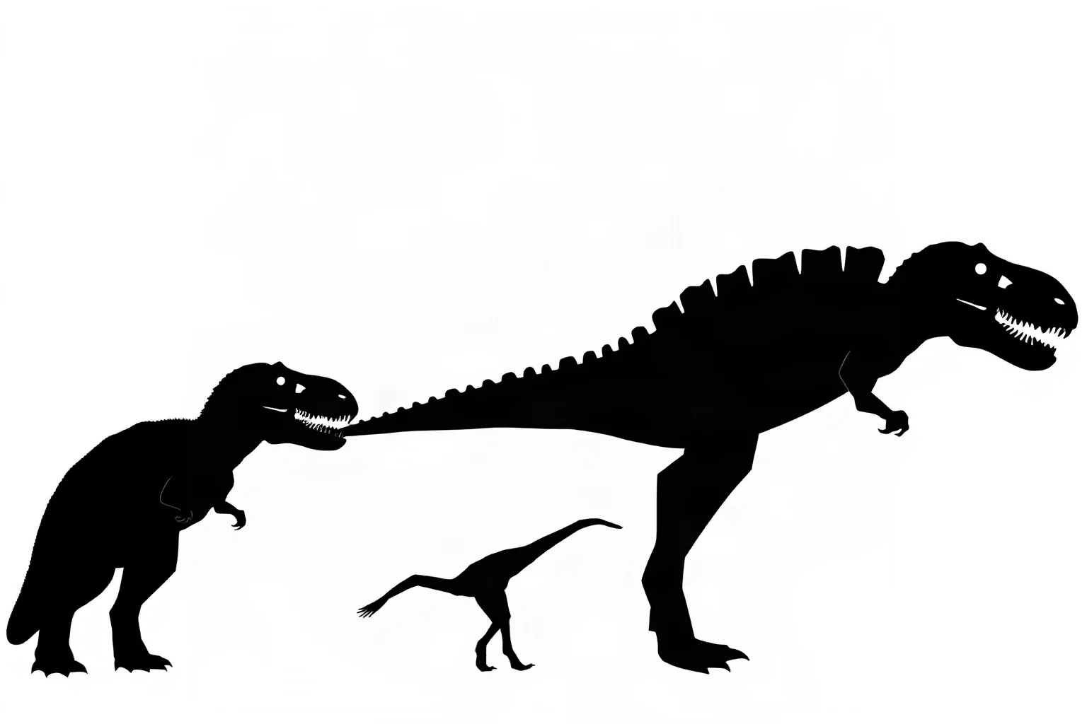 Side-by-side size comparison illustration of Tyrannosaurus rex, Spinosaurus, and Giganotosaurus silhouettes