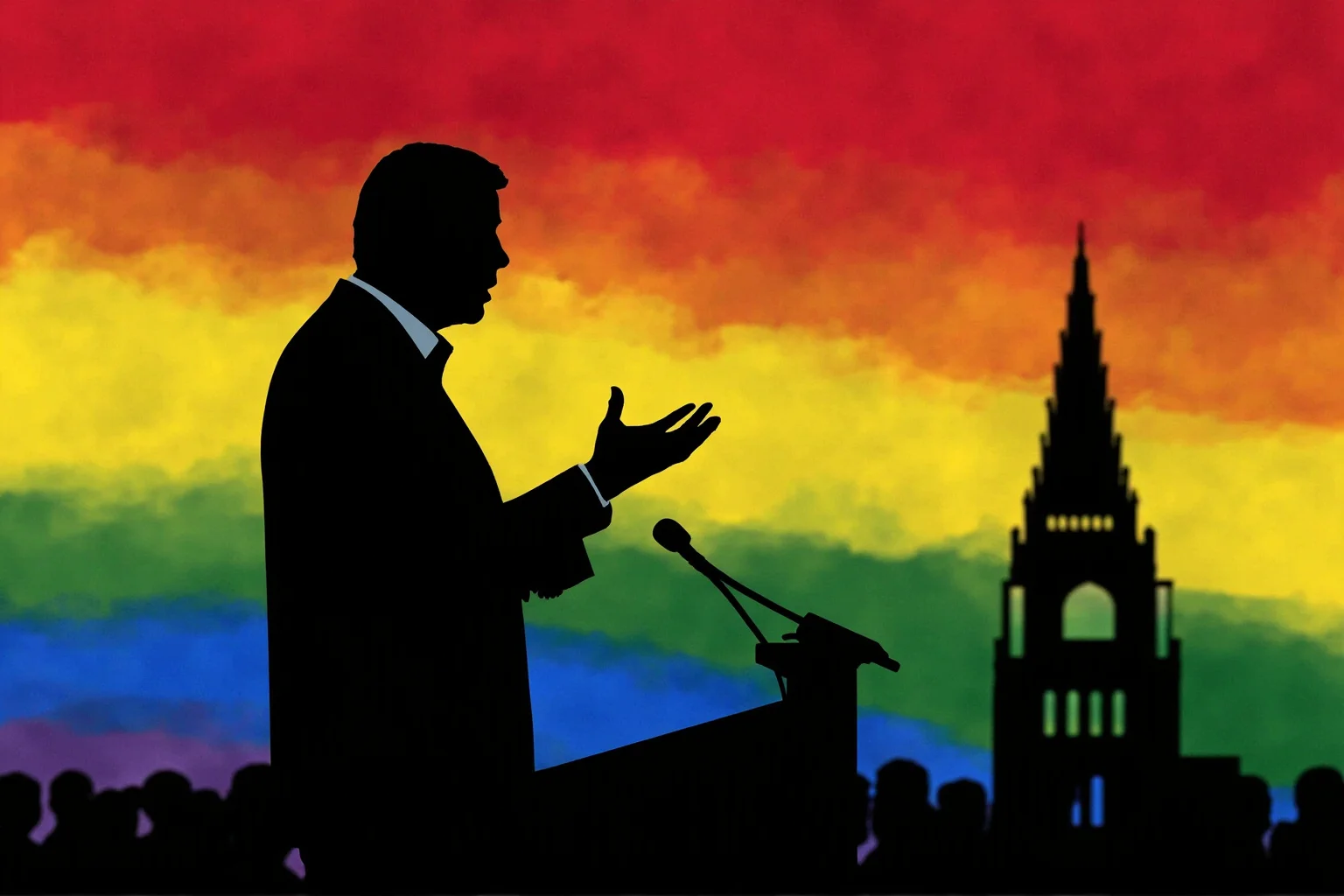 History's Greatest Rebels That Challenged the Status Quo 20 Silhouette illustration of a man addressing a city council chamber, rainbow flag visible in background, stylized non-photorealistic