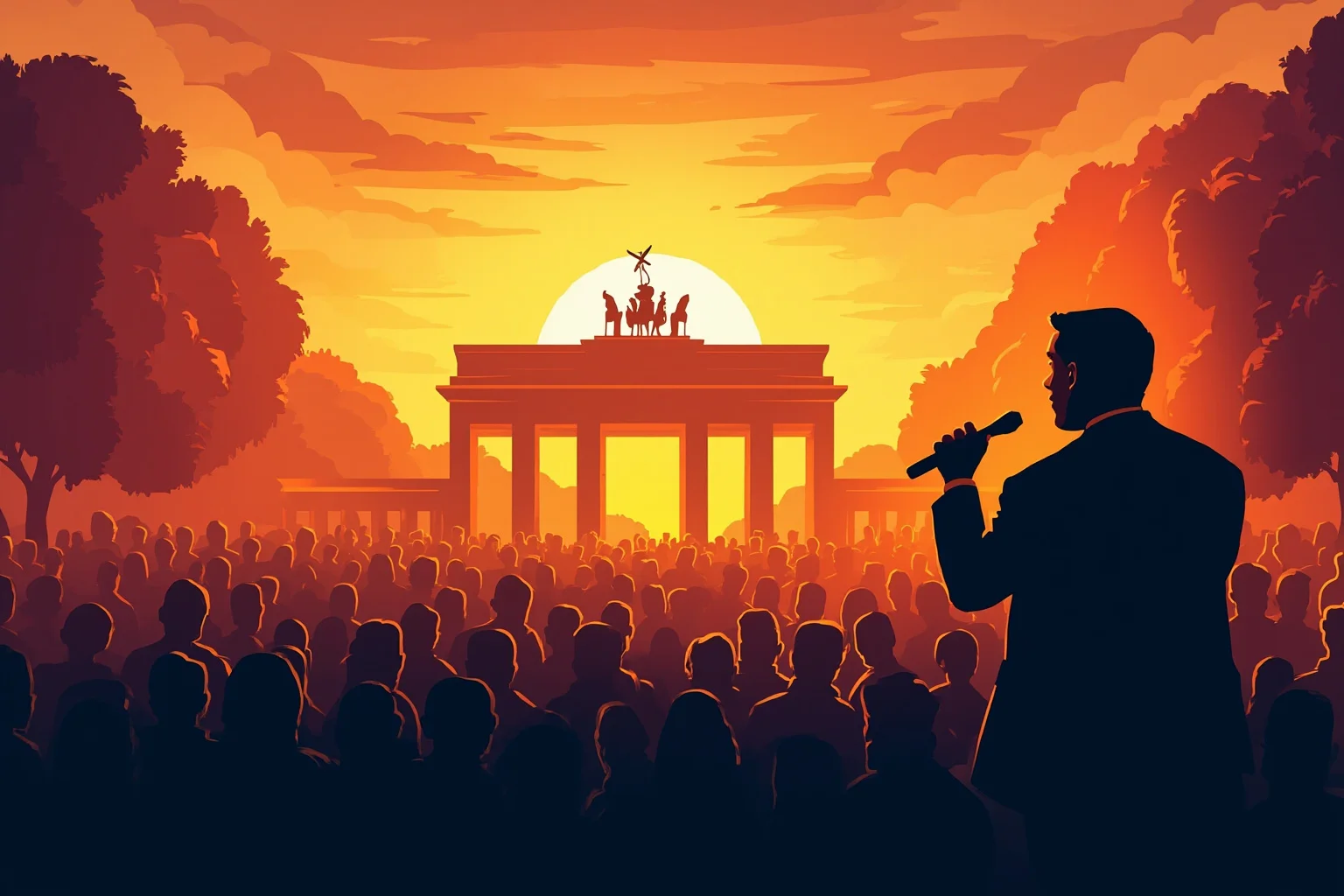 History's Greatest Rebels That Challenged the Status Quo 16 Silhouette illustration of a speaker addressing a massive peaceful crowd in front of a grand monument, warm sunset tones