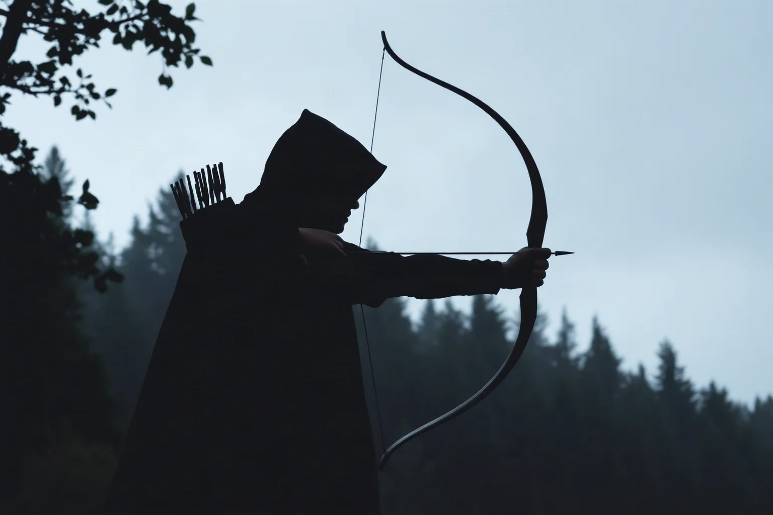 Silhouette of a hooded archer standing at the edge of a dense forest, cloak blowing in wind