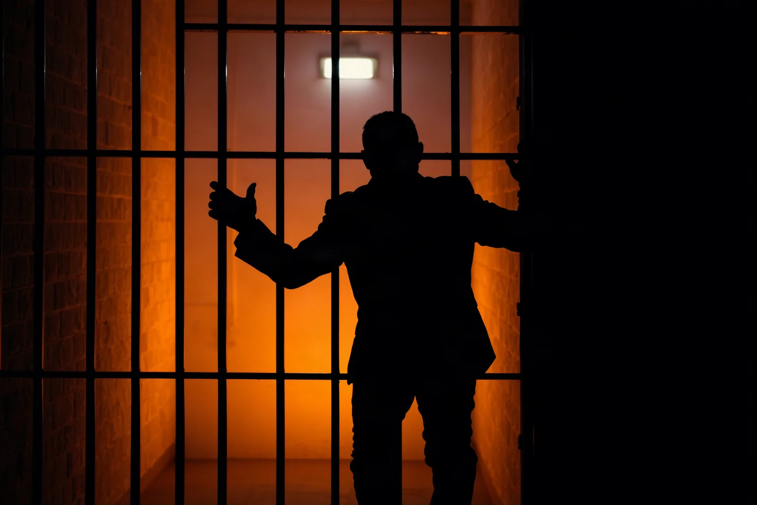 Silhouette of a man slipping through prison bars at night in a painted disguise