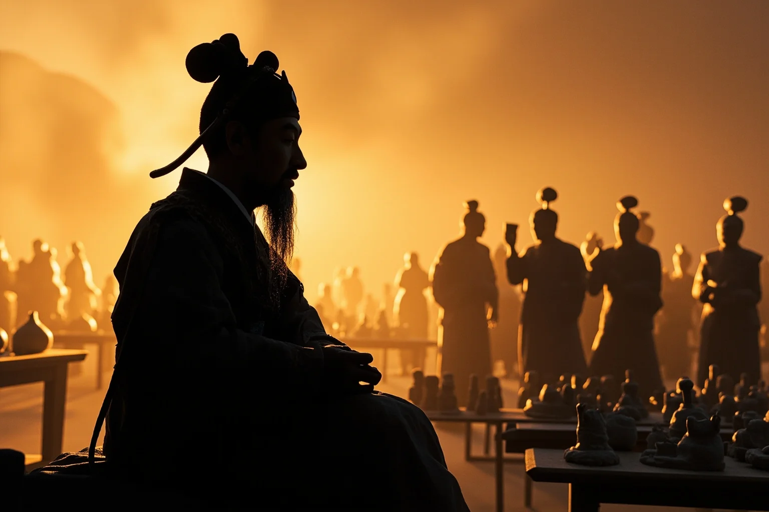 Silhouette of an ancient Chinese emperor overseeing workshops of craftsmen shaping clay figures