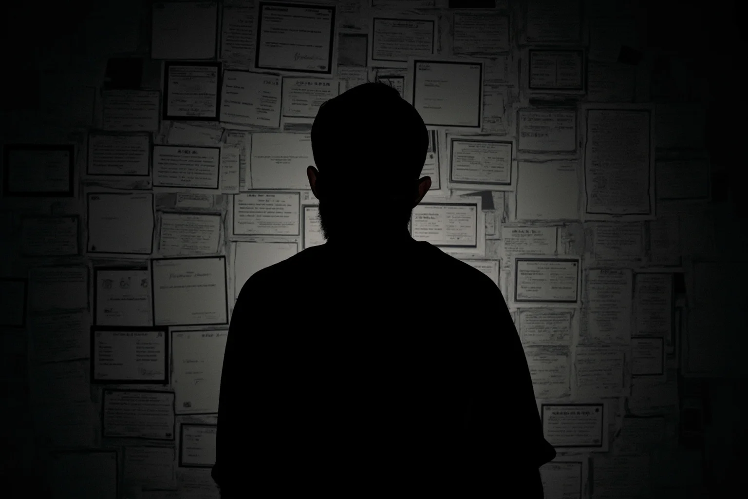 Inventors Who Stole Genius Ideas And Got All Glory 21 Silhouette of an inventor standing before a wall covered in patent certificates, dramatic lighting