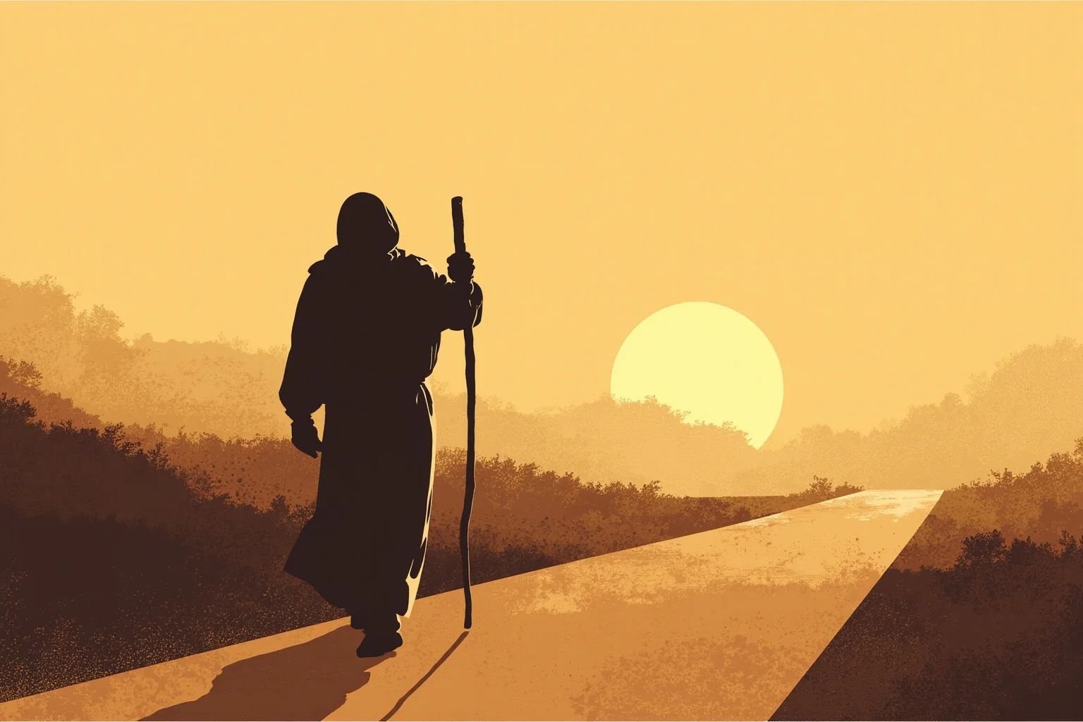 History's Greatest Rebels That Challenged the Status Quo 14 Silhouette-style illustration of a robed figure walking a long dusty road carrying a walking stick, symbolic of nonviolent protest