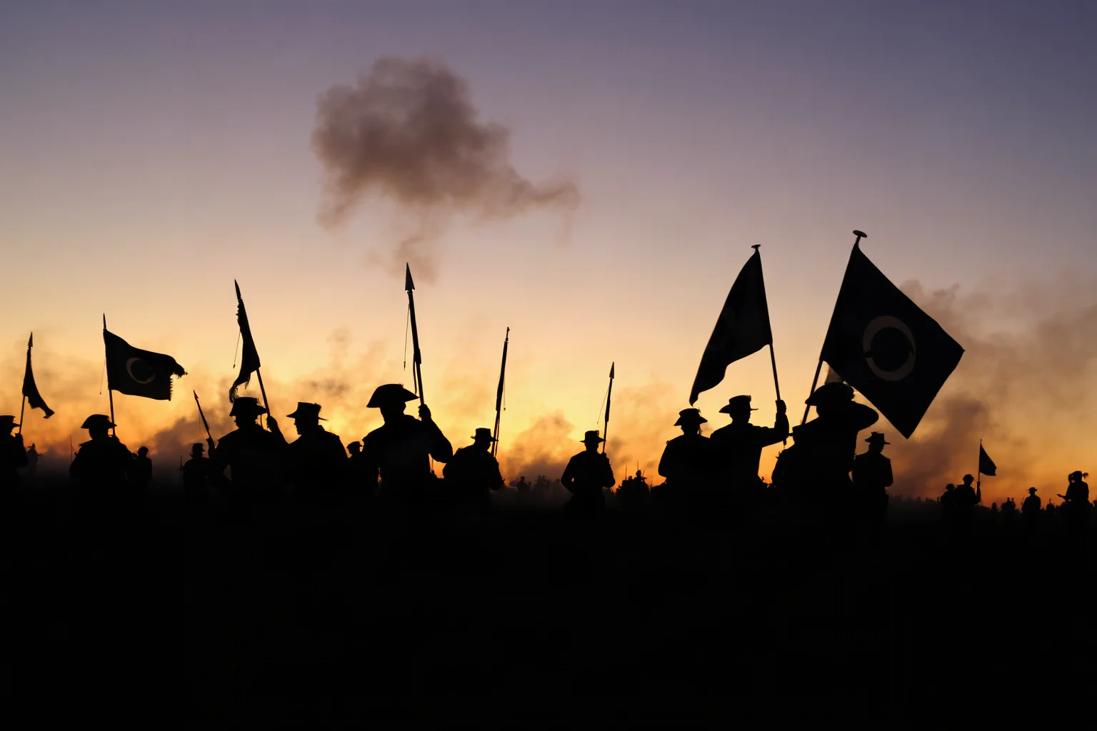 Silhouettes of colonial-era soldiers with flags on a smoky battlefield at dusk
