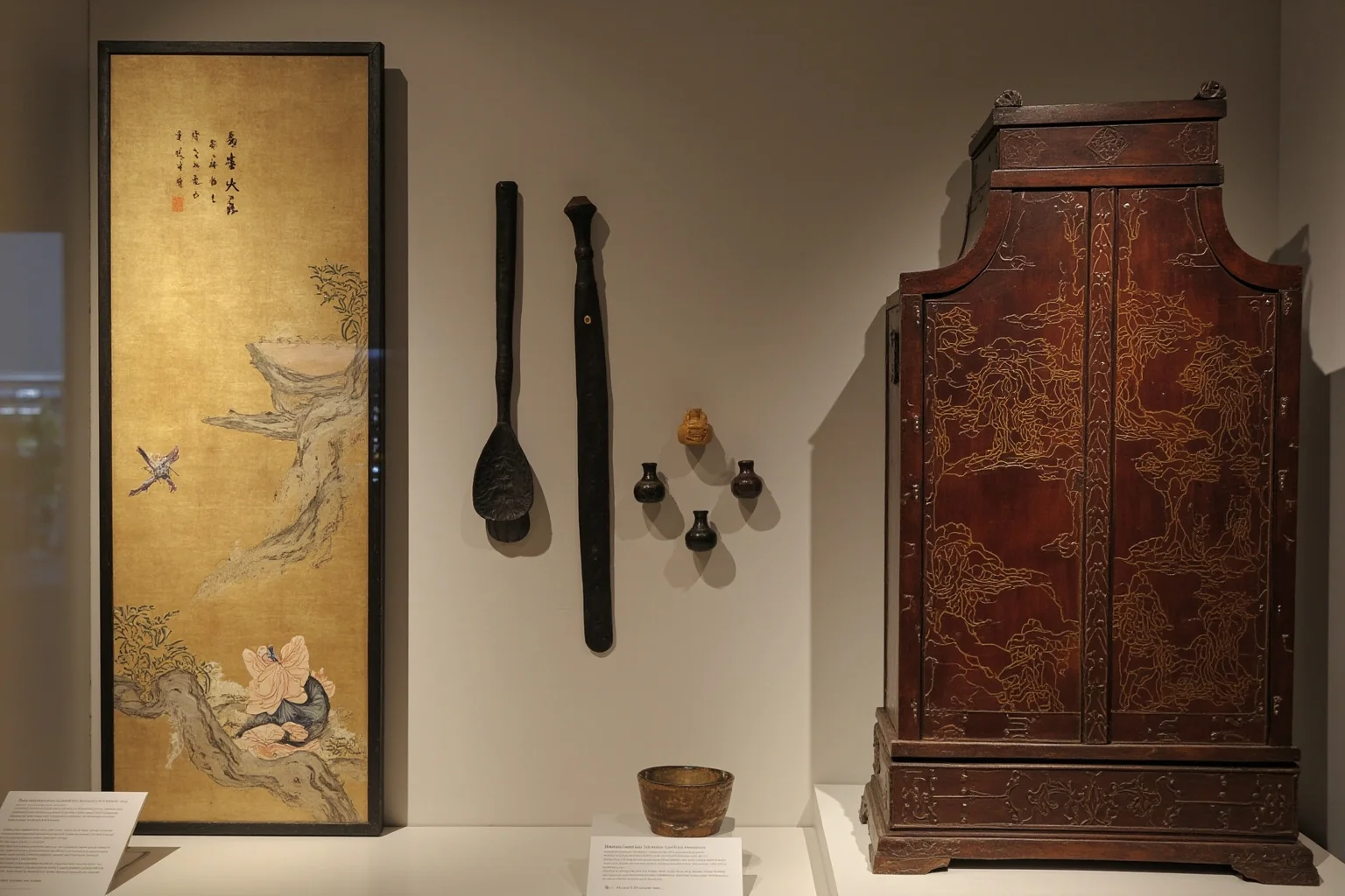 Silk painting and lacquerware objects beside a wooden Han dynasty coffin