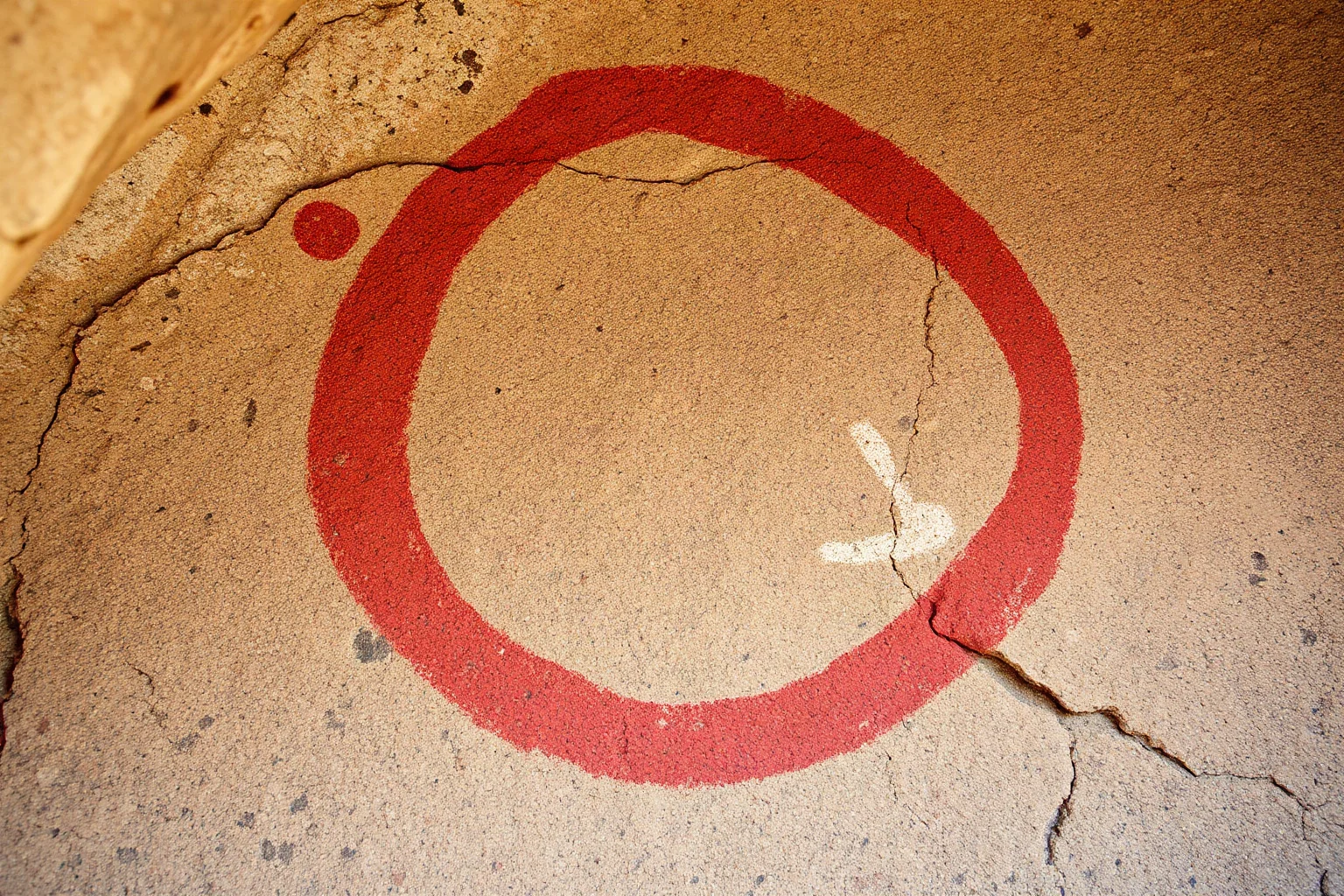 Simple red circular disk shape on a cave wall created by blowing pigment, faded and weathered ancient pigment on stone