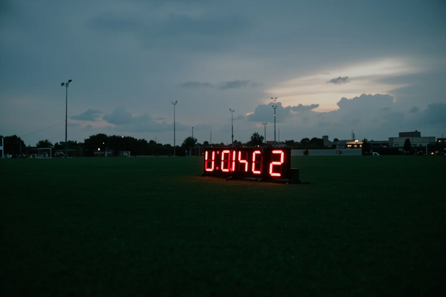 Biggest Blowouts in Sports History 15 Simple soccer pitch at dusk with an oddly large scoreboard number, symbolic and understated, no real players depicted