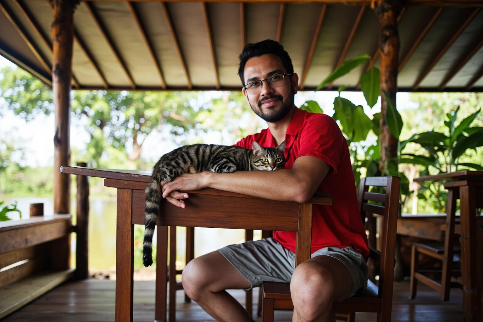 Simple wooden missionary clinic desk in a tropical setting with a small cat resting on a man's forearm