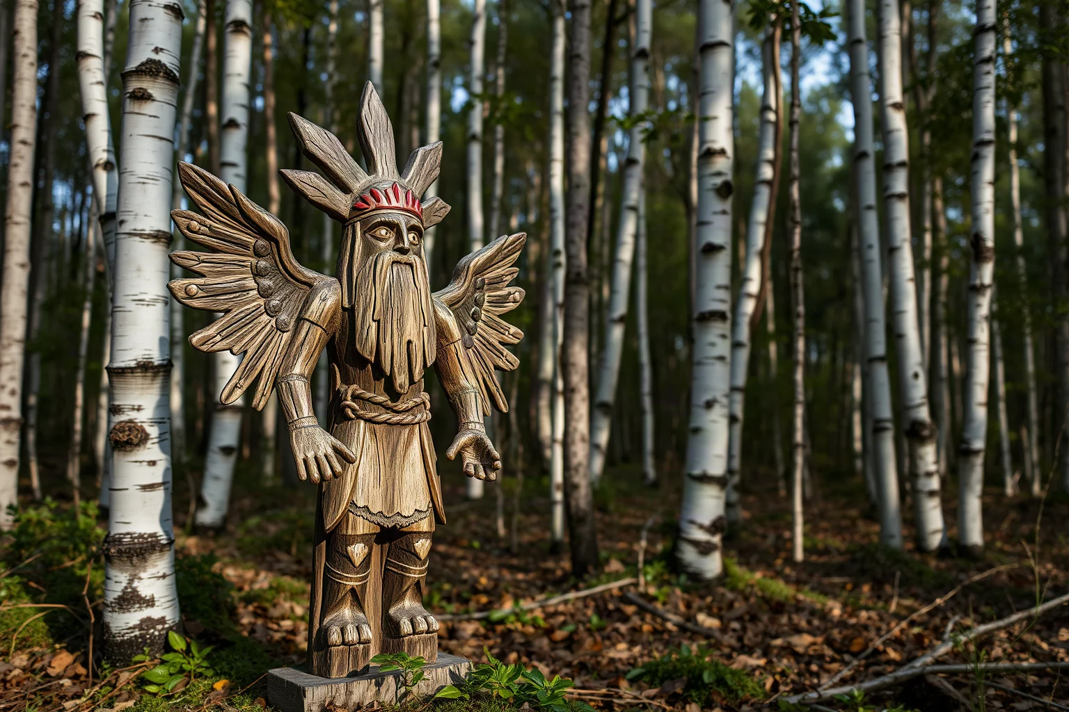 Slavic pagan wooden idol of a thunder god in a birch forest clearing, folk-art style