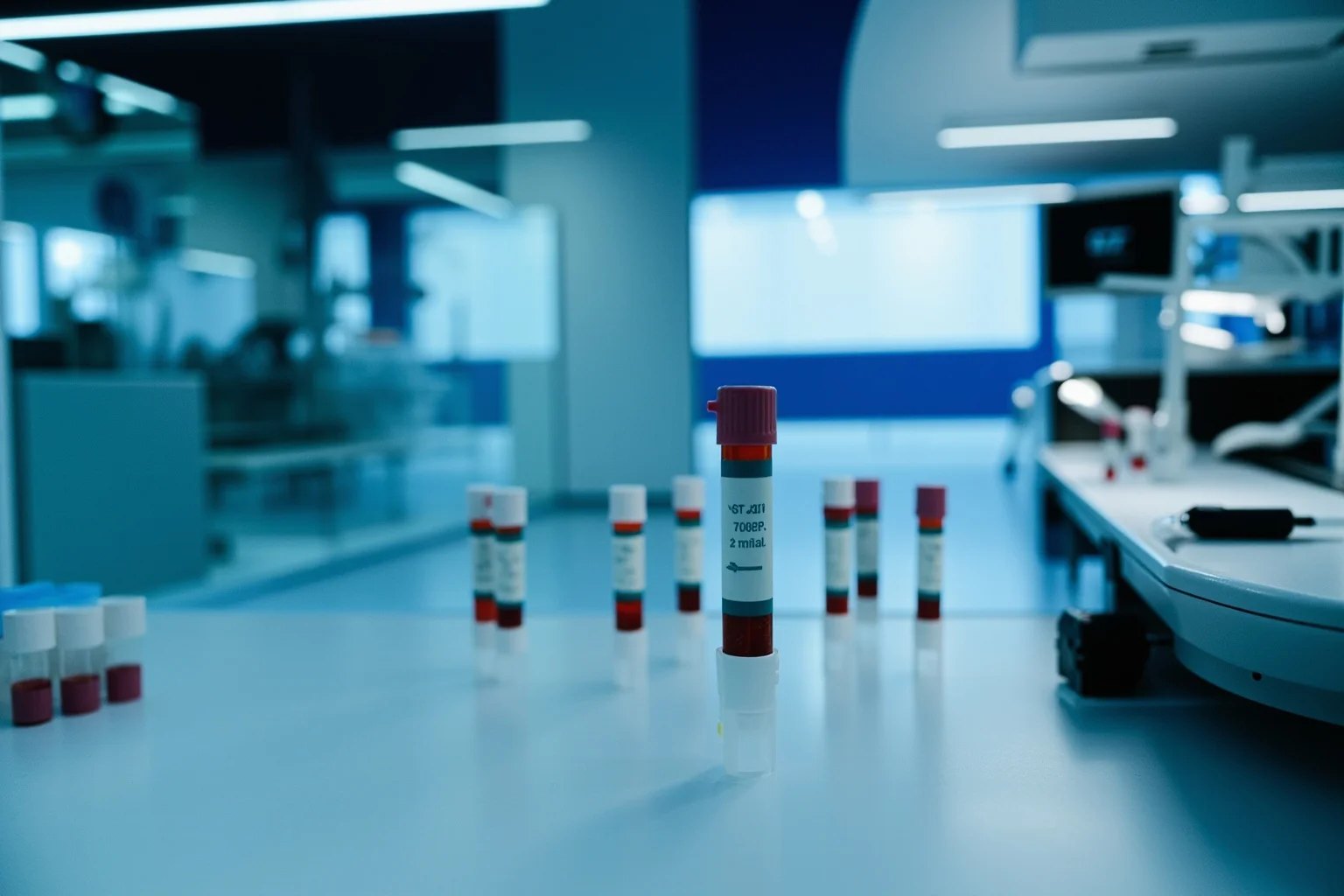 Sleek modern medical laboratory with blood sample vials and diagnostic equipment, clinical lighting
