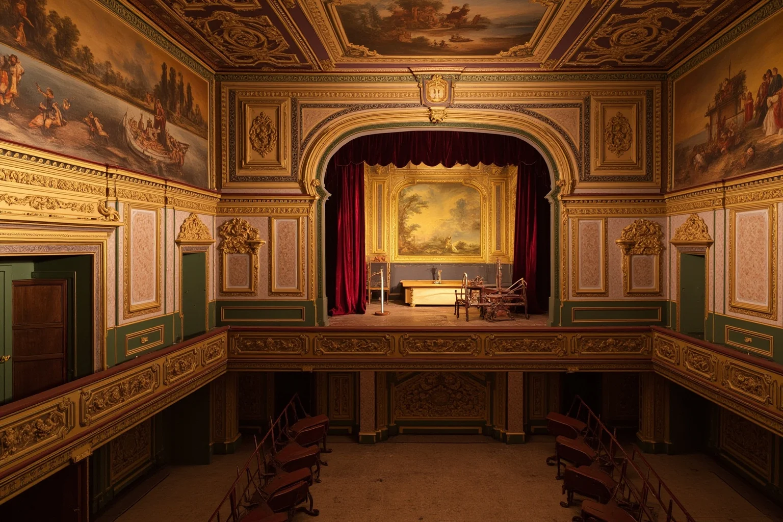 Small 18th century palace theatre interior in Sweden with painted scenery and antique wooden stage machinery