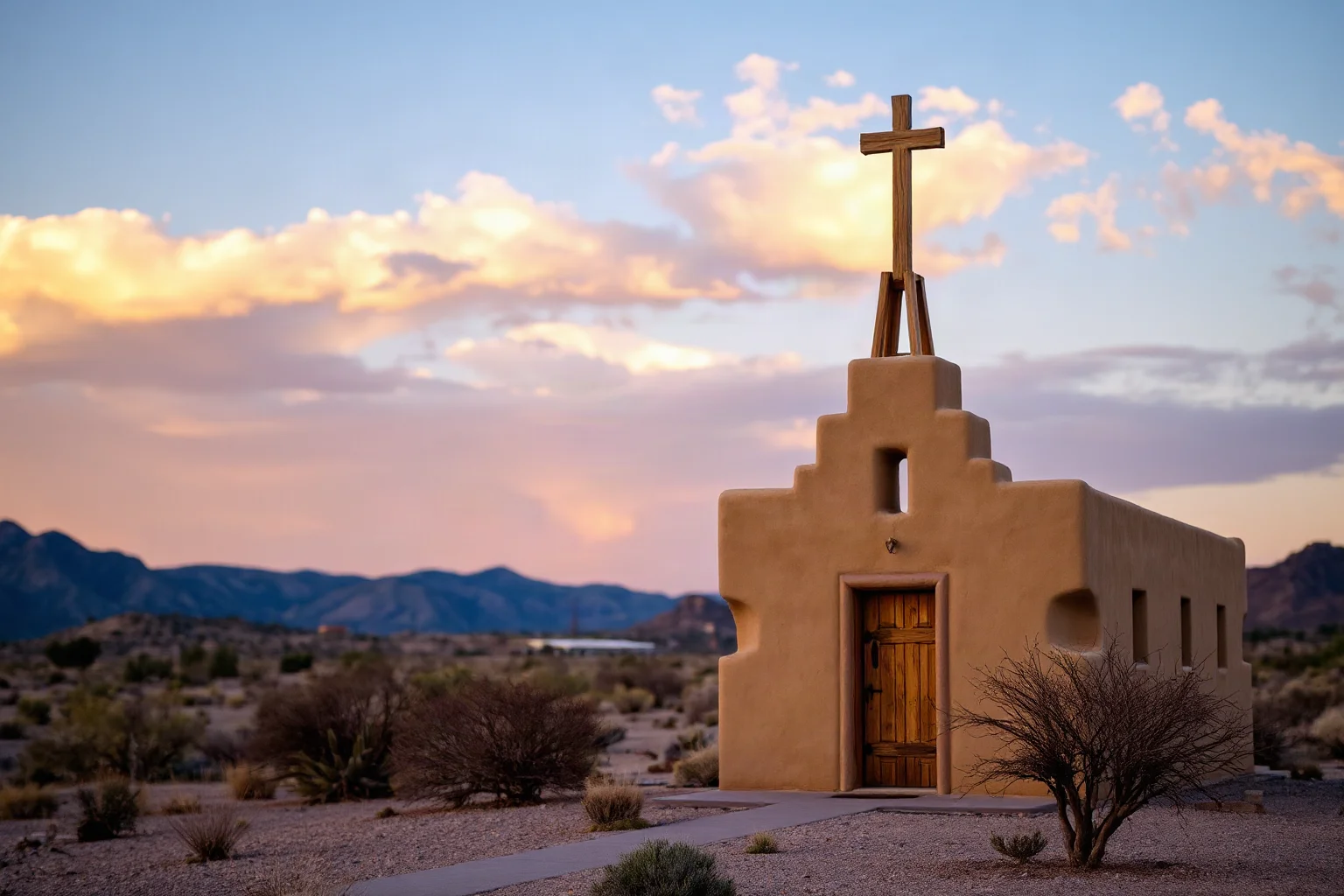 Small adobe chapel with a wooden cross and bell tower in a New Mexico desert landscape at golden hour