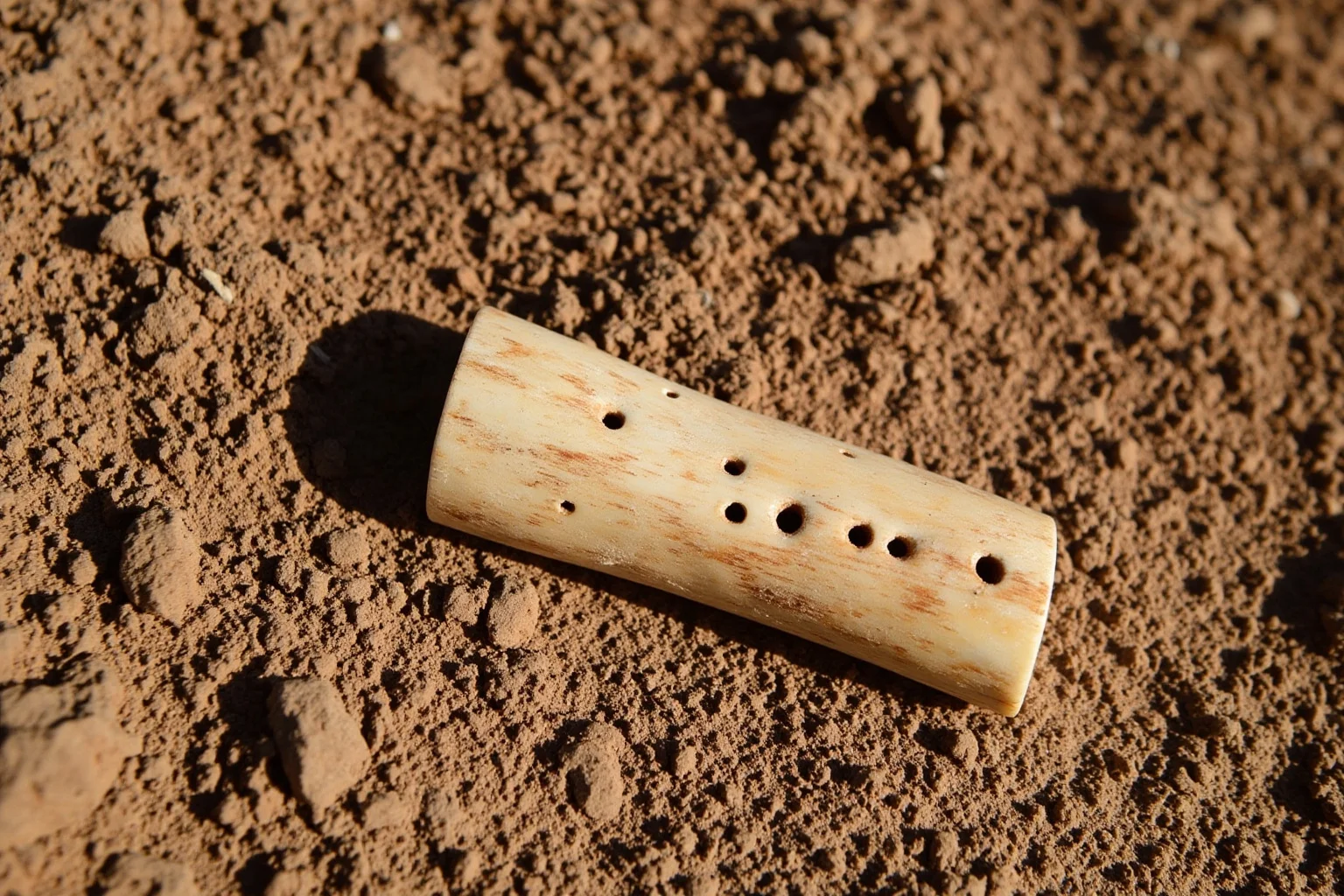 Small ancient carved bone flute resting on excavation soil