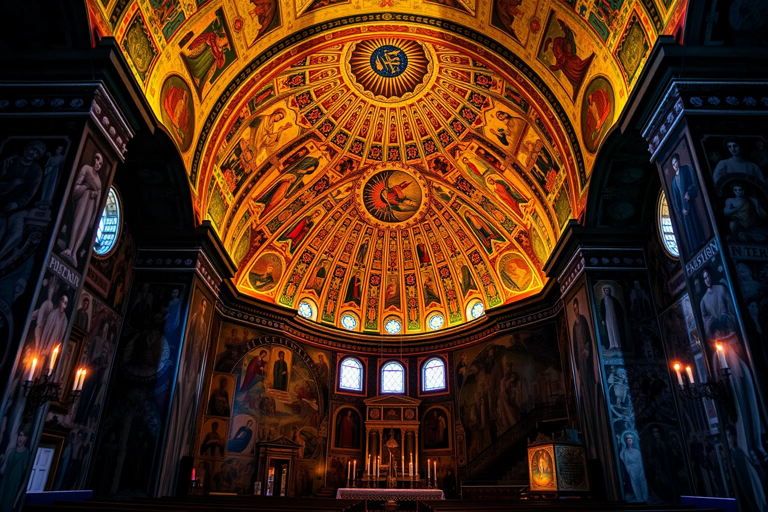 Small Byzantine basilica interior covered in colorful mosaic art, warm candlelight, ornate ceiling detail