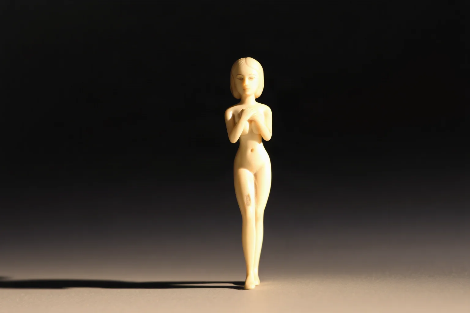 Small carved ivory figurine of an abstract human female form, warm lighting, ancient Paleolithic artifact